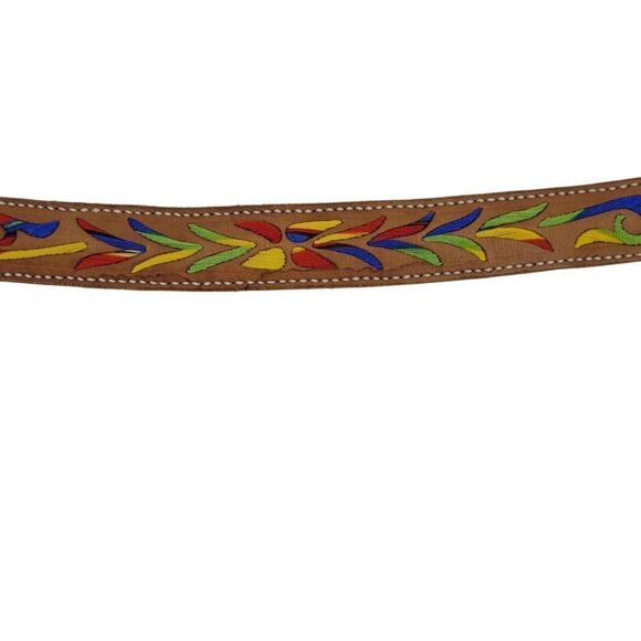 Vintage 70s Leather Belt Artisan M/L 37" Tan Rainbow Embroidered Parrot Western - Picture 4 of 10